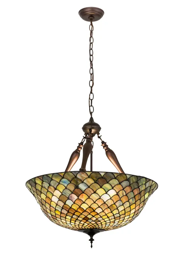 A Louis Comfort Tiffany studio classic, the classic Fishscale pattern is reproduced in variegated art glass of Honey dripped Emerald, Sapphire, and Garnet, evoking a unique dimensional and textured look in a rainbow of brilliant hues.This exquisite art glass shade, which is created using Meyda Tiffany's famous copperfoil construction process, is complemented with Mahogany Bronze hand finished hardware.The fixture is a versatile pendant to complement nearly any color or style of interiors. Custom sizes and styles are available, as well as dimmable energy efficient lamping options such as LED.This pendant is UL and cUL listed for damp and dry locations. Collection: Tiffany Fishscale Finish: Mahogany Bronze Glass: Stained Glass Width: 24.00" Height: 29.00" Length: 24.00" Weight: 15.00 lb Number of Bulbs: 3 Maximum Wattage: 60.00 W Bulb Type: A19 Bulb Base: E26 Material: Steel Country of Origin: CHINA Safety Listing: Damp Safety Rating: Damp