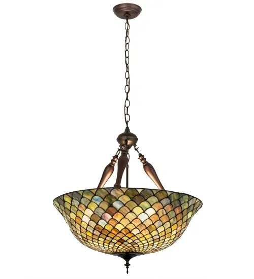 A Louis Comfort Tiffany studio classic, the classic Fishscale pattern is reproduced in variegated art glass of Honey dripped Emerald, Sapphire, and Garnet, evoking a unique dimensional and textured look in a rainbow of brilliant hues.This exquisite art glass shade, which is created using Meyda Tiffany's famous copperfoil construction process, is complemented with Mahogany Bronze hand finished hardware.The fixture is a versatile pendant to complement nearly any color or style of interiors. Custom sizes and styles are available, as well as dimmable energy efficient lamping options such as LED.This pendant is UL and cUL listed for damp and dry locations. Collection: Tiffany Fishscale Finish: Mahogany Bronze Glass: Stained Glass Width: 24.00" Height: 29.00" Length: 24.00" Weight: 15.00 lb Number of Bulbs: 3 Maximum Wattage: 60.00 W Bulb Type: A19 Bulb Base: E26 Material: Steel Country of Origin: CHINA Safety Listing: Damp Safety Rating: Damp - alternate view