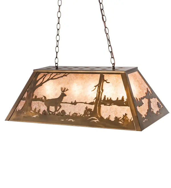 A stunning design depicts a Deer gracefully leaping across the lakeside woods as the full harvest moon rises in the backdrop of this eye-catching scene. Warm ambient illumination shines through Silver Mica as Antique Copper finished hardware and accents complement this oblong pendant, which is perfect for lighting an island, counter, bar, billiard table or other space. Handcrafted by Meyda artisans in our facility at the foothills of the Adirondack Mountains, this design and others are available in custom sizes, shapes and profiles. Dimmable energy saving lamp sources are available. Collection: Deer At Lake Finish: Antique Copper Glass: Silver Mica Width: 17.00" Height: 18.50" Length: 33.00" Weight: 18.50 lb Extension from Wall: 17.00" Number of Bulbs: 6 Maximum Wattage: 60.00 W Bulb Type: A19 Bulb Base: E26 Material: Steel Country of Origin: USA Safety Listing: Damp Safety Rating: Damp