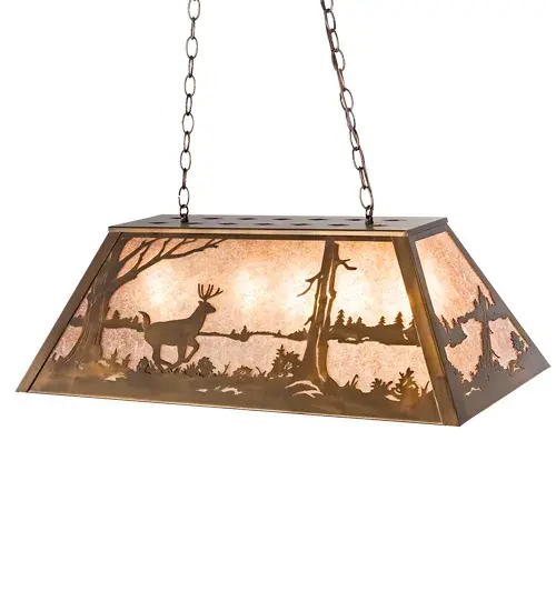 A stunning design depicts a Deer gracefully leaping across the lakeside woods as the full harvest moon rises in the backdrop of this eye-catching scene. Warm ambient illumination shines through Silver Mica as Antique Copper finished hardware and accents complement this oblong pendant, which is perfect for lighting an island, counter, bar, billiard table or other space. Handcrafted by Meyda artisans in our facility at the foothills of the Adirondack Mountains, this design and others are available in custom sizes, shapes and profiles. Dimmable energy saving lamp sources are available. Collection: Deer At Lake Finish: Antique Copper Glass: Silver Mica Width: 17.00" Height: 18.50" Length: 33.00" Weight: 18.50 lb Extension from Wall: 17.00" Number of Bulbs: 6 Maximum Wattage: 60.00 W Bulb Type: A19 Bulb Base: E26 Material: Steel Country of Origin: USA Safety Listing: Damp Safety Rating: Damp - alternate view