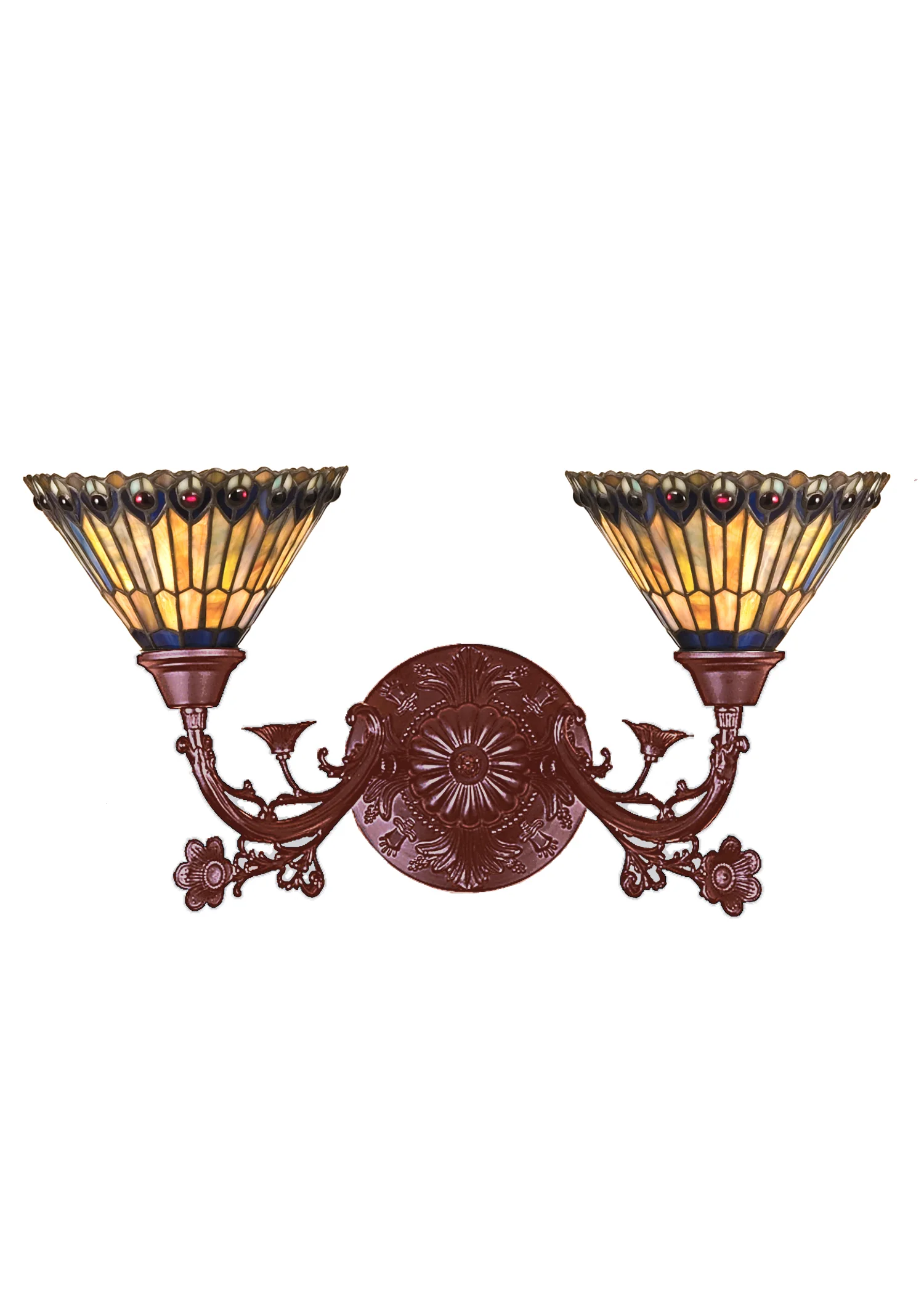 Tiffany Jeweled Peacock Two Light Wall Sconce in Mahogany Bronze