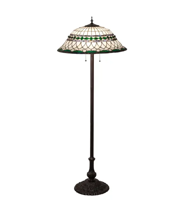 Emerald-colored jewels and Multi colored granite glass bands accent this stunning Bone Beige art glass reproduction of a famous Louis Comfort Tiffany design. The Tiffany Roman shade is inspired by Italian art and architecture and handcrafted of authentic stained glass using the famous Meyda Tiffany copperfoil construction method. The floor lamp features a base finished in a hand applied Mahogany Bronze. UL and cUL listed for dry locations. Collection: Tiffany Roman Finish: Mahogany Bronze Glass: Stained Glass Width: 24.00" Height: 62.00" Length: 24.00" Weight: 22.50 lb Number of Bulbs: 3 Maximum Wattage: 60.00 W Bulb Type: A19 Bulb Base: E26 Material: Zinc/Steel Country of Origin: CHINA Safety Listing: Damp Safety Rating: Dry