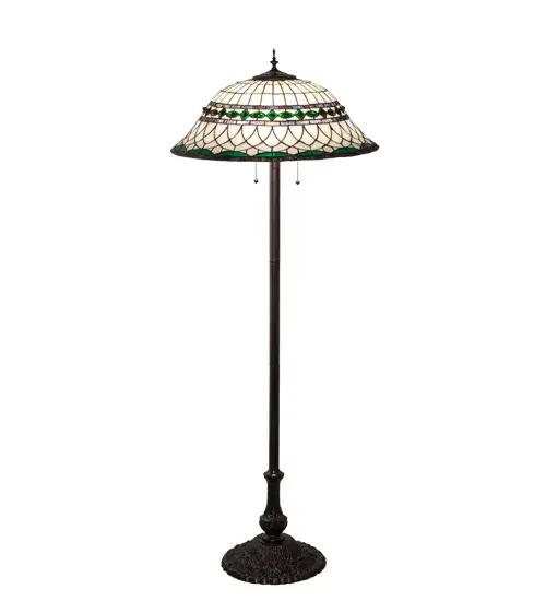 Emerald-colored jewels and Multi colored granite glass bands accent this stunning Bone Beige art glass reproduction of a famous Louis Comfort Tiffany design. The Tiffany Roman shade is inspired by Italian art and architecture and handcrafted of authentic stained glass using the famous Meyda Tiffany copperfoil construction method. The floor lamp features a base finished in a hand applied Mahogany Bronze. UL and cUL listed for dry locations. Collection: Tiffany Roman Finish: Mahogany Bronze Glass: Stained Glass Width: 24.00" Height: 62.00" Length: 24.00" Weight: 22.50 lb Number of Bulbs: 3 Maximum Wattage: 60.00 W Bulb Type: A19 Bulb Base: E26 Material: Zinc/Steel Country of Origin: CHINA Safety Listing: Damp Safety Rating: Dry - alternate view