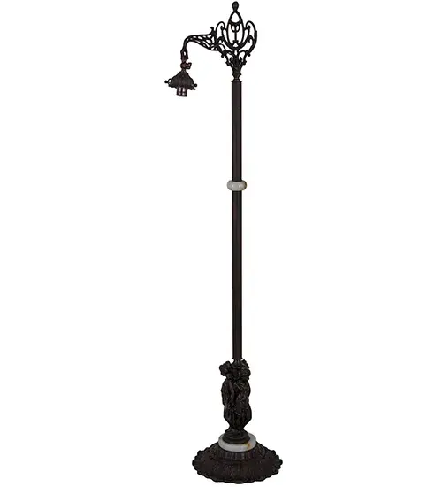 This slender floor base features intricate metal statuettes of three Greek goddesses _Aglaea (splendor); Euphrosyne (mirth); and Thalia (good cheer)_who embody charm; beauty; nature; human creativity; and fertility. Daughters of Zeus; they symbolize joy; youth; and the harmonious; intertwined nature of grace and beauty in art and life. The Mahogany Bronze decorative base features White Onyx accents and a bridge arm to embrace a single shade crafted from stained glass and other fine materials. The Three Graces Bridge Arm Floor Base is included in the American-Designed; handcrafted Decorative Floor Base collection. The base is UL and cUL listed for dry locations.