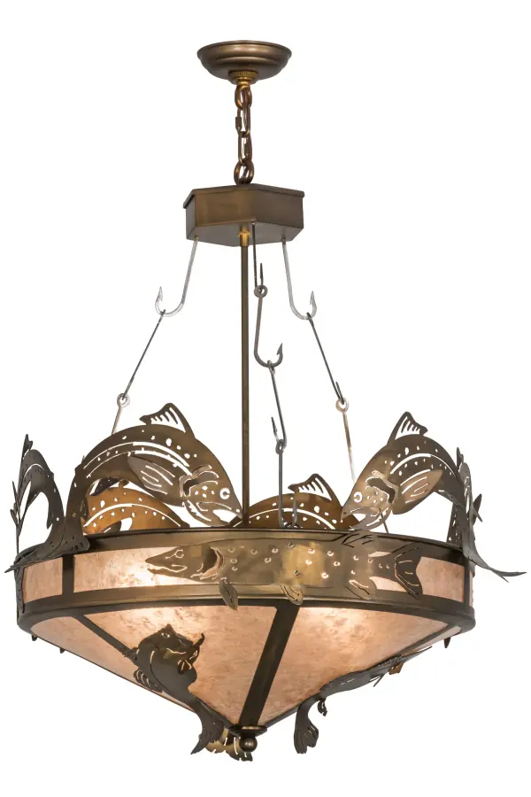 Fish are jumping and swimming about in this striking lighting design. Aptly named Catch of the Day; this American-made fixture captures Trout; Bass; and Pike handcrafted in an Antique Copper finish while adorning a Silver Mica shade. The chandelier is suspended with an interlocking fishhook chain from a hub above. The pendant is custom crafted by Meyda artisans at the foothills of the majestic Adirondack Mountain lakes; in New York state. Custom lighting designs; colors and sizes are available; as well as dimmable energy efficient lamping options.