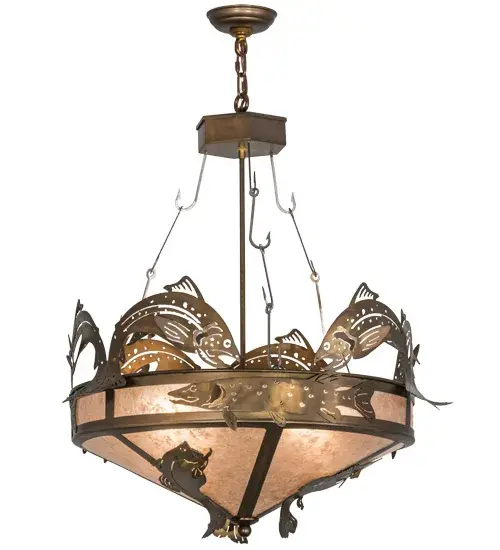 Fish are jumping and swimming about in this striking lighting design. Aptly named Catch of the Day; this American-made fixture captures Trout; Bass; and Pike handcrafted in an Antique Copper finish while adorning a Silver Mica shade. The chandelier is suspended with an interlocking fishhook chain from a hub above. The pendant is custom crafted by Meyda artisans at the foothills of the majestic Adirondack Mountain lakes; in New York state. Custom lighting designs; colors and sizes are available; as well as dimmable energy efficient lamping options. - alternate view