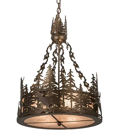 A young buck White Tail Deer leaps through the tall pines around this circular pendant handcrafted in the USA by Meyda artisans. Suspended from hand crafted branch like chain links that hang from a pine tree covered hub, this fixture is finished in Antique Copper and has silver mica panels. Collection: Deer At Dusk Finish: Antique Copper Glass: Silver Mica Width: 22.00" Height: 32.50" Length: 22.00" Weight: 23.00 lb Number of Bulbs: 4 Maximum Wattage: 60.00 W Bulb Type: A19 Bulb Base: E26 Material: Steel Country of Origin: USA Safety Listing: Damp Safety Rating: Damp - alternate view