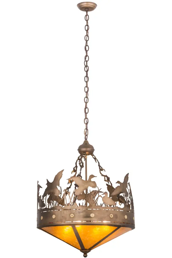 Ducks splash about the cattails and marsh grass in this wildlife inspired original pendant. Beautiful ambient lighting is projected through a Silver Mica diffuser with a frame and hardware hand finished in Antique Copper. The fixture is handcrafted in the USA by Meyda artisans in the Yorkville; NY manufacturing facility; located at the foothills of the Adirondack Mountains. Wildlife and other custom designs are available. Energy efficient lamping options are offered.