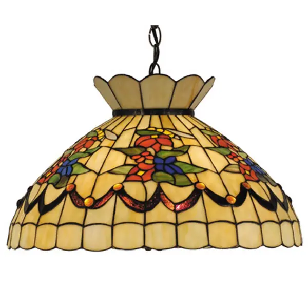 A curious Bumble Bee is highlighted on Yellow art glass with Clear Iridescent Glass Wings across a spray of colorful flowers in Wedgewood Blue; Yellow Orange art glass. A Nouveau styled garland is featured in Purple/Blue and Green/Brown with Purple jewel buttons glass. The pendant is complemented with a Mahogany Bronze finish. The shade is created using the famous Meyda Tiffany copperfoil construction process. The Bumble Bee Pendant is featured in our American designed; handcrafted Tiffany Style Stained Glass Lighting Collection. UL and cUL listed for dry and damp locations.