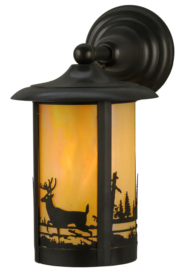 Handcrafted from Solid Brass with alluring rustic beauty. This stunning Craftsman Signature lantern features a graceful Deer on a Beige Iridescent Glass diffuser enhanced with a Craftsman Brown finish. Display this wall sconce to illuminate the exterior of timber homes; modern farmhouses; and other spaces. The Fulton Deer Creek Solid Mount Wall Sconce is featured in our American-made; American-designed; handcrafted Craftsman Signature Series; which is manufactured in Yorkville; New York. UL and cUL listed for dry; damp and wet locations. Our Build Your Own Craftsman Signature Series features unlimited combinations of styles. The collection is called Build Your Own because it is fully configurable and customizable from size and design to finish and lens color. Marine grade; solid brass; or copper raw materials are utilized to ensure items from the Craftsman Signature Series of outdoor and indoor lighting will stand the test of time; as these premium metals are impervious to most types of oxidation. Hand-applied Patina finishes on brass and copper are sealed with a clear varnish and; over time; may require gentle maintenance; such as wax; to delay or reverse the natural living finish attributes indicative of this finishing process. Patina finishes on brass and copper provide strong resistance to fading from sun exposure; will not chip or crack; and will not rust like a steel-framed item in the same conditions. Mica is less durable in outdoor locations but may be appropriate for mildly exposed areas. Choose from many style options; or send us your concept today! Call today to learn how to use the configuration tool available on our website for an instant item number!