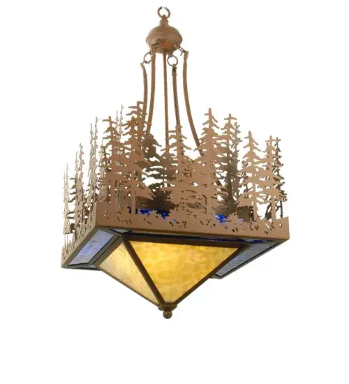 A stand of Tall pines beside a Silver mica lake frame this linear square shade handcrafted in the USA by Meyda artisans. A border of mica tops the illuminated Silver mica at the bottom of the pendant, hand finished in Rust. Collection: Pine Lake Finish: Rust Glass: Beige Opal & Blue Water Glass Width: 20.00" Height: 41.50" Length: 20.00" Weight: 12.00 lb Number of Bulbs: 4 Maximum Wattage: 60.00 W Bulb Type: A19 Bulb Base: E26 Material: Steel Country of Origin: USA Safety Listing: Damp Safety Rating: Damp