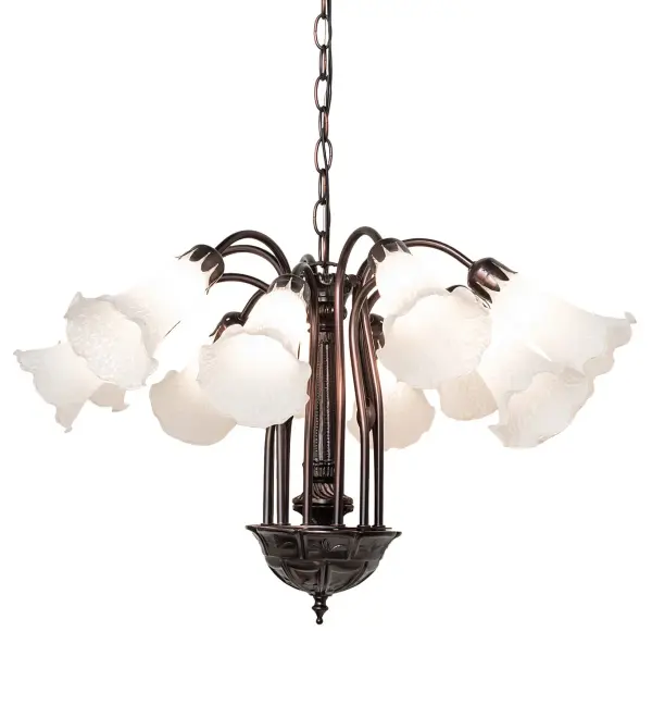 Inspired by the popular Tiffany design from the early 1900s... This stunning chandelier offers an attractive, delicate design featuring 12gorgeousshades created using mouth-blown Favrile-style Pink and White art glass. The Pond Lily shades are embraced by an elegant cast metal hub with floral and vine accents finished by hand in Mahogany Bronze. The Pond Lily Floor Lamp is featured in our?American-designed, handcrafted Favrile Glass Lighting Collection. UL and cUL listed for dry and damp locations. Each shade is a unique work of art with color variations based on natural ingredients inherent in the glass. Contact us if color matching is critical when ordering multiple items. Collection: White Finish: Mahogany Bronze Glass: White Width: 24.00" Height: 18.00" Length: 24.00" Weight: 20.00 lb Number of Bulbs: 12 Maximum Wattage: 15.00 W Bulb Type: B10 Bulb Base: E12 Material: Steel Country of Origin: CHINA Safety Rating: Damp