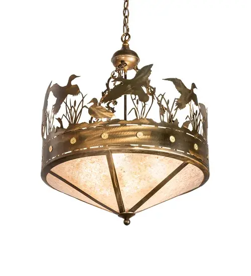 A flock of Ducks in and above cattails and marsh grasses top this wildlife inspired original pendant handcrafted in the USA by Meyda artisans. Suspended from hand crafted branch like chain links the bullet accented band and Ducks to Silver mica panels. This fixture is finished in Antique Copper. - alternate view