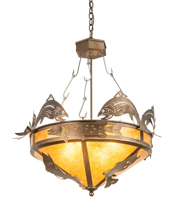 Trout Bass and Pike are the Catch of the Day on this inverted pendant handcrafted in the USA by Meyda artisans. This original fixture is suspended from fishhook chains, is finished in Antique Copper and has Amber Mica panels. Collection: Catch Of The Day Finish: Antique Copper Glass: Amber Mica Width: 30.00" Height: 37.00" Length: 30.00" Weight: 22.00 lb Number of Bulbs: 4 Maximum Wattage: 60.00 W Bulb Type: A19 Bulb Base: E26 Material: Steel Country of Origin: USA Safety Listing: Damp Safety Rating: Damp