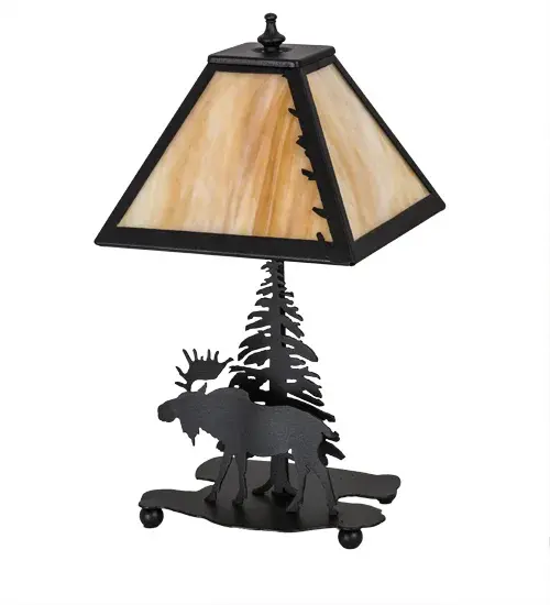 The majestic Moose wanders past a Pine tree in this nature inspired lamp base design; featured in a Black finish; which is complemented with a stunning Beige art glass shade. The lamp was handcrafted in the USA by Meyda artisans at the foothills of Upstate New York's Adirondack Mountains.Custom colors; sizes and designs are available; as well as dimmable energy efficient lamping options. The lamp is UL and cUL listed for dry locations. - alternate view