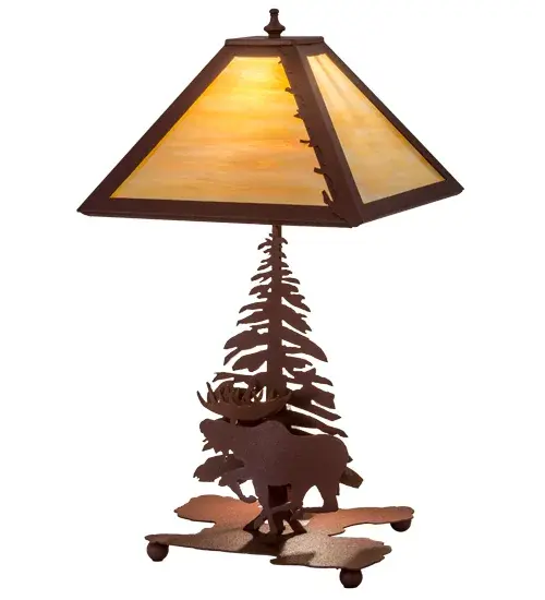A linear square shade with a leaf edge sits above a lamp base that depicts a running Moose in front of a tall pine. The table lamp is finished in Natural Rust, has Beige art glass panels and is handcrafted in the USA by Meyda artisans. Collection: Moose On The Loose Finish: Rust Rust Glass: Beige Iridescent Glass Width: 16.00" Height: 21.00" Length: 11.50" Weight: 7.50 lb Extension from Wall: 5.00" Number of Bulbs: 1 Maximum Wattage: 60.00 W Bulb Type: A19 Bulb Base: E26 Material: Steel Country of Origin: USA Safety Listing: Dry Safety Rating: Dry - alternate view
