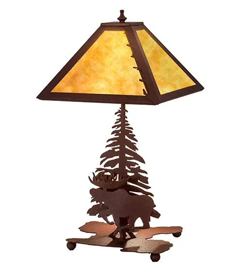 A linear square shade with a leaf edge sits above a lamp base that depicts a running Moose in front of a tall pine. The table lamp is finished in Natural Rust, has Amber mica panels and is handcrafted in the USA by Meyda artisans. Collection: Moose On The Loose Finish: Hand Painted Rust Rust Glass: Amber Mica Width: 16.00" Height: 21.00" Length: 11.00" Weight: 14.00 lb Extension from Wall: 9.00" Number of Bulbs: 1 Maximum Wattage: 60.00 W Bulb Type: A19 Bulb Base: E26 Material: Steel Country of Origin: USA Safety Listing: Dry Safety Rating: Dry - alternate view