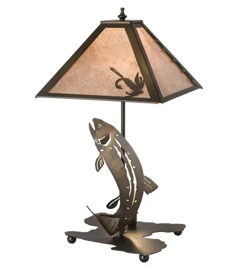 A Trout leaps up from this Antique Copper lamp base to catch the lure that tempts him from the linear shade with Silver Mica panels. This wildlife inspired table lamp is handcrafted in the USA by Meyda artisans. Collection: Leaping Trout Finish: Antique Copper Antique Copper Glass: Silver Mica Width: 16.25" Height: 21.00" Length: 11.75" Weight: 5.50 lb Number of Bulbs: 1 Maximum Wattage: 60.00 W Bulb Type: A19 Bulb Base: E26 Material: Steel Country of Origin: USA Safety Listing: Damp Safety Rating: Dry - alternate view