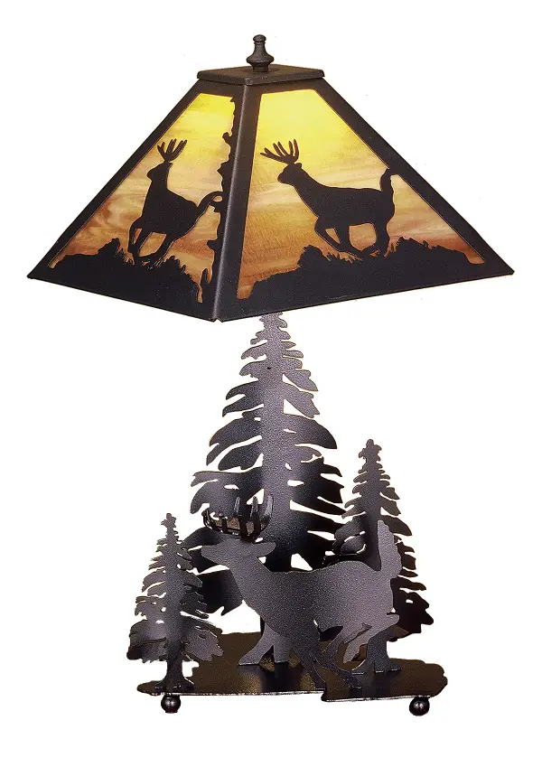 A leaping Deer accents a linear square shade that sits above a Deer running through a pine forest. The nature inspired table lamp lamp is finished in Black, has Honey art glass panels and is handcrafted in the USA by Meyda artisans. Collection: Lone Deer Finish: Textured Black Textured Black Glass: Honey Amber Glass Width: 11.00" Height: 21.00" Length: 11.00" Weight: 7.50 lb Number of Bulbs: 2 Maximum Wattage: 100.00 W Bulb Type: Medium Bulb Base: E26 Material: Steel Country of Origin: USA Safety Listing: Dry Safety Rating: Dry