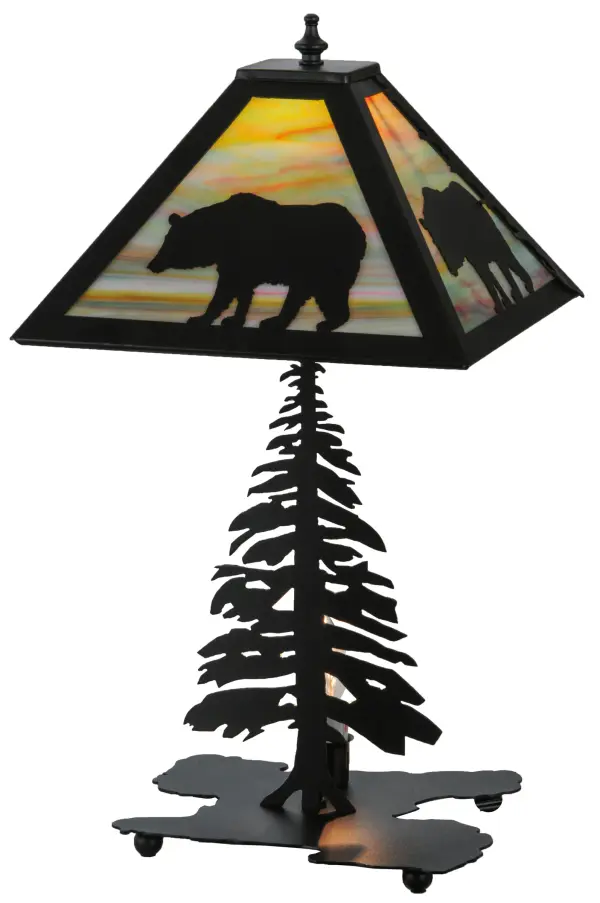 A walking Black Bear accents a linear square shade that sits above a pine tree lamp base. The table lamp is finished in Black; has Stormy Sunset art glass panels and is handcrafted in the USA by Meyda artisans.