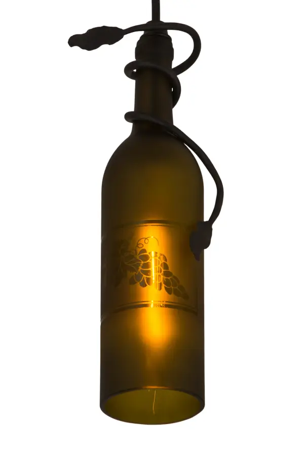 Capture the mood or life of any party with authentic wine bottle lighting. This ceiling pendant does so much more than deliver light. It adds personality and pizazz to any interior. A hand forged Black vine and leaf coil is designed around the neck of this stunning Weathered Leaf Green wine bottle which illuminates and features a stunning etched Grape design. The pendant is complemented with a Textured Black finish. Overall height ranges from 15 to 83 inches as cable length can be easily adjusted in the field to accommodate your specific application needs. Handcrafted in our 180;000 square manufacturing facility in Yorkville; NY. Wine bottle colors; metal finishes and sizes can be customized. UL and cUL listed for dry and damp locations.
