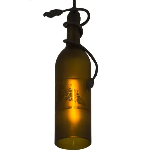 Capture the mood or life of any party with authentic wine bottle lighting. This ceiling pendant does so much more than deliver light. It adds personality and pizazz to any interior. A hand forged Black vine and leaf coil is designed around the neck of this stunning Weathered Leaf Green wine bottle which illuminates and features a stunning etched Grape design. The pendant is complemented with a Textured Black finish. Overall height ranges from 15 to 83 inches as cable length can be easily adjusted in the field to accommodate your specific application needs. Handcrafted in our 180;000 square manufacturing facility in Yorkville; NY. Wine bottle colors; metal finishes and sizes can be customized. UL and cUL listed for dry and damp locations. - alternate view