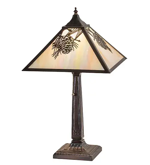 Beautifully nature inspired lighting. This table lamp features a stunning Beige Iridescent Glass shade; enhanced with Pinecone and Pine Needle metal accents. The shade is adorned with decorative accents in a Craftsman Brown finish. The lamp is ideal for illuminating picture windows; credenzas; desks; and other spaces in residential; hospitality; and commercial locations. The Winter Pine Mission Table Lamp is part of our American made; American designed; handcrafted Nature inspired Lighting Collection. It is UL and cUL listed for dry locations. - alternate view