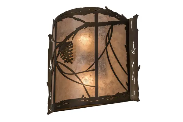 A single Pine Cone with branches and Pine needles accent this rustic wall sconce handcrafted in the USA by Meyda artisans. This nature inspired fixture is finished in Antique Copper and has a Silver mica panel. Collection: Whispering Pines Finish: Antique Copper Glass: Silver Mica Width: 15.00" Height: 14.50" Length: 5.50" Weight: 3.50 lb Extension from Wall: 5.50" Number of Bulbs: 2 Maximum Wattage: 60.00 W Bulb Type: A19 Bulb Base: E26 Material: Steel Country of Origin: USA Safety Listing: Damp Safety Rating: Damp
