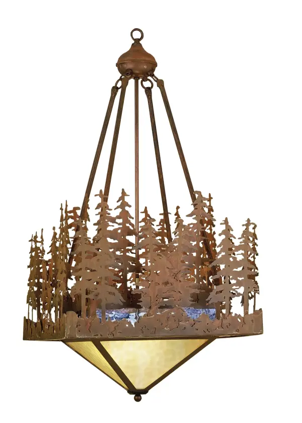 A stand of Tall pines beside a Blue lake frame this linear square shade handcrafted in the USA by Meyda artisans. A border of Blue waterglass tops the illuminated Beige art glass pyramid at the bottom of the pendant, hand finished in Antique Copper. Collection: Pine Lake Finish: Rust Glass: Beige Opal & Blue Water Glass Width: 20.00" Height: 41.50" Length: 20.00" Weight: 12.00 lb Number of Bulbs: 4 Maximum Wattage: 60.00 W Bulb Type: A19 Bulb Base: E26 Material: Steel Country of Origin: USA Safety Listing: Dry Safety Rating: Dry