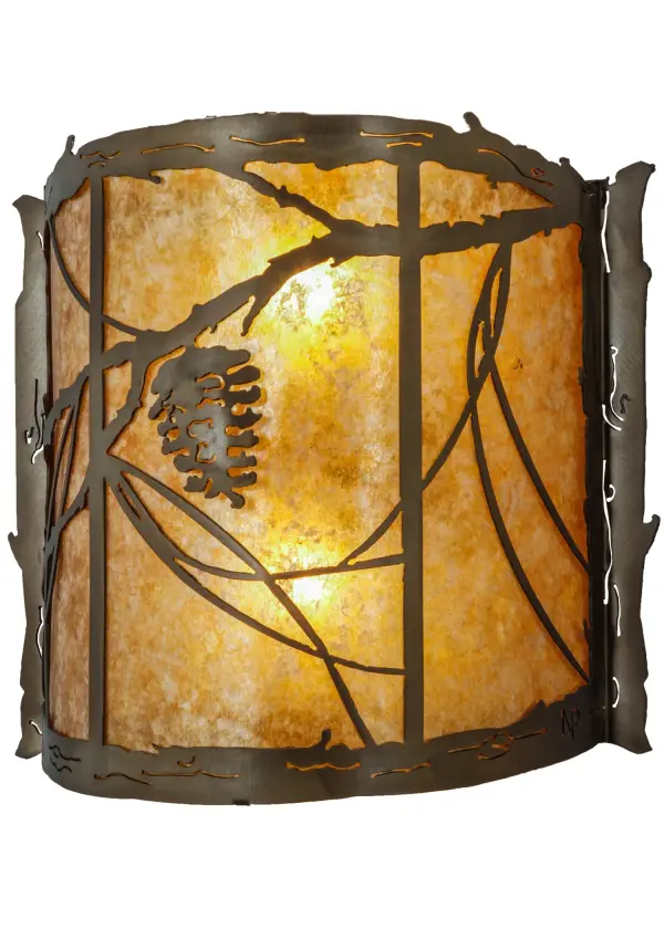 A single Pine Cone with branches and Pine needles accent this rustic wall sconce handcrafted in the USA by Meyda artisans. This nature inspired fixture is finished in Antique Copper and has an Amber mica panel. Collection: Whispering Pines Finish: Antique Copper Glass: Amber Mica Width: 15.00" Height: 14.00" Length: 6.00" Weight: 3.50 lb Extension from Wall: 6.00" Number of Bulbs: 2 Maximum Wattage: 60.00 W Bulb Type: A19 Bulb Base: E26 Material: Steel Country of Origin: USA Safety Listing: Damp Safety Rating: Damp