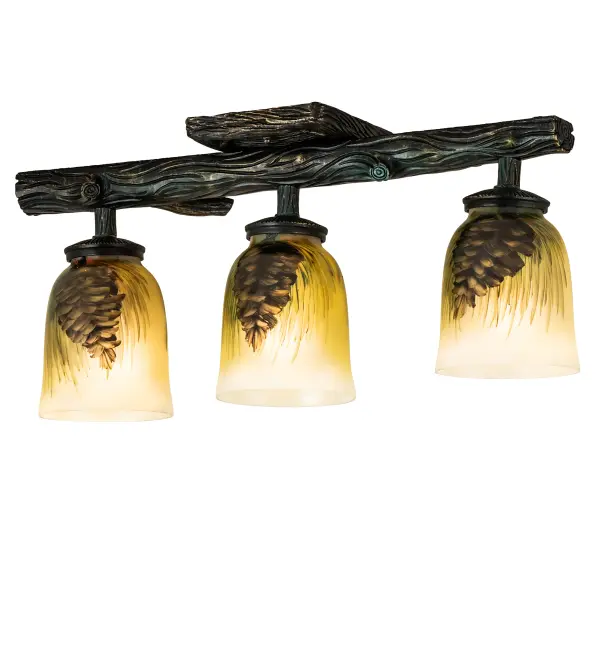 Inspired by nature; Handpainted Pinecones and Pine Needles of Golden and Bark Brown hues glow against a Frosted White Sky art glass background. These three distinctive glass shades are suspended from a Barkerized styled bar in a Golden Pine finish. The Pinecone Semi-Flushmount is included in our American designed handcrafted Nature Inspired Lighting Collection. UL and cUL listed for dry and damp locations.