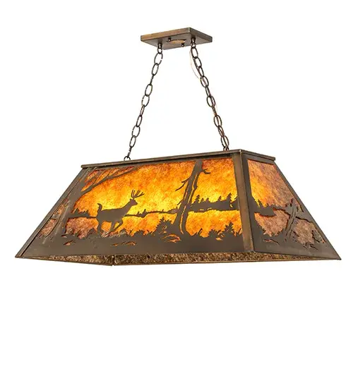 A buck Deer leaps by a lake in the woods on this nature inspired oblong pendant. The rustic fixture is finished in Antique Copper, has Amber mica panels, and is handcrafted in the USA by Meyda artisans. Collection: Deer At Lake Finish: Antique Copper Glass: Amber Mica Width: 17.00" Height: 18.00" Length: 33.00" Weight: 18.00 lb Number of Bulbs: 6 Maximum Wattage: 60.00 W Bulb Type: A19 Bulb Base: E26 Material: Steel Country of Origin: USA Safety Rating: Damp - alternate view