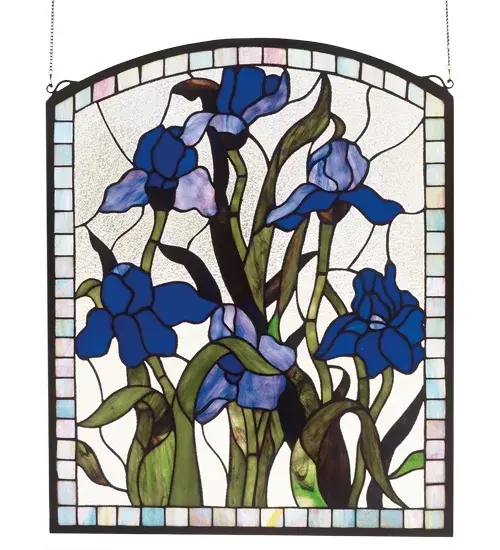 Meyda Tiffany's original Iris design celebrates the beauty of the flower named for Juno's messenger who was turned into a rainbow. Purple Iris flowers and Spring Green leaves adorn a Clear Frost background banded in Sky Blue. Handcrafted of 251 pieces of stained art glass utilizing the copperfoil construction process. Mounting bracket and jack chain included.