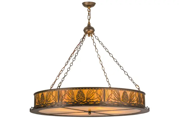 Striking pinecones and pine needles are depicted on this unique nature inspired pendant. Soft warm ambient light is projected through Honey Wispy art glass that is accented by hardware and decorative accents featured in an Antique Copper finish. The fixture is perfect for hallways; entryways; foyers; covered porches and other rooms where you want to make a design statement. The pendant is handcrafted by Meyda artisans in our manufacturing facility; at the foothills of the Adirondack Mountains. Custom sizes; styles; colors and dimmable energy efficient lamping options are available.