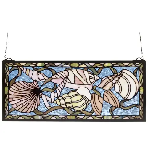 This Meyda Tiffany original window features Sand Beige and Shell Pink seashells with Kelp Green ribbons that float on a Clear Blue rippled glass sea. Handcrafted utilizing the copperfoil construction process and 319 pieces of stained art glass encased in a solid brass frame. Mounting bracket and jack chain included.