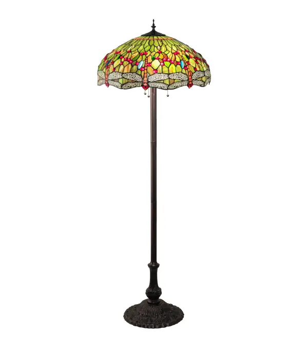 Inspired by one of Tiffany Studio's classic Dragonfly lighting masterpieces. Orange dragonflies with glowing Red jeweled eyes and filigree topped Multicolored wings dive over a Green and Orange background. The stunning shade is accented with Red, Green, Turquoise and Amber glass jewels. The art glass shade is created using the famous Meyda Tiffany copperfoil construction. This Tiffany Reproduction floor lamp features a base in a warm hand applied Mahogany Bronze. UL and cUL listed for dry locations. Collection: Tiffany Hanginghead Dragonfly Finish: Mahogany Bronze Glass: Stained Glass Width: 22.00" Height: 62.00" Length: 22.00" Weight: 23.50 lb Number of Bulbs: 3 Maximum Wattage: 60.00 W Bulb Type: A19 Bulb Base: E26 Material: Steel/Zinc Country of Origin: CHINA Safety Listing: Damp Safety Rating: Dry