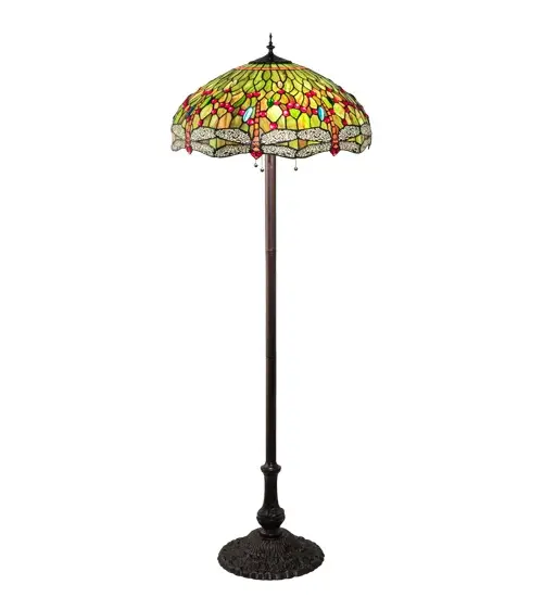 Inspired by one of Tiffany Studio's classic Dragonfly lighting masterpieces. Orange dragonflies with glowing Red jeweled eyes and filigree topped Multicolored wings dive over a Green and Orange background. The stunning shade is accented with Red, Green, Turquoise and Amber glass jewels. The art glass shade is created using the famous Meyda Tiffany copperfoil construction. This Tiffany Reproduction floor lamp features a base in a warm hand applied Mahogany Bronze. UL and cUL listed for dry locations. Collection: Tiffany Hanginghead Dragonfly Finish: Mahogany Bronze Glass: Stained Glass Width: 22.00" Height: 62.00" Length: 22.00" Weight: 23.50 lb Number of Bulbs: 3 Maximum Wattage: 60.00 W Bulb Type: A19 Bulb Base: E26 Material: Steel/Zinc Country of Origin: CHINA Safety Listing: Damp Safety Rating: Dry - alternate view