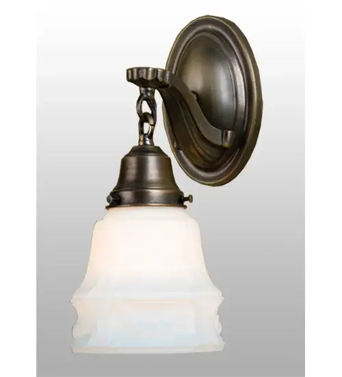 This elegant Hartford one light wall sconce is crafted from brass in the USA by Meyda artisans. The fixture is hand finished in Antique Brass and has an ornamented etched opal glass shade.