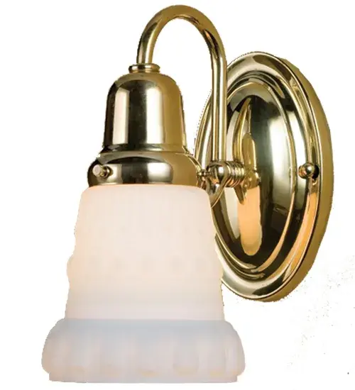 This beautiful transitional Saratoga one light wall sconce is perfect for the home restorer or any home that needs a touch of simple elegance. The reproduction early electric sconce is crafted from brass in the USA by Meyda artisans; hand finished in Polished Brass and supports an ornamented etched opal glass shade.
