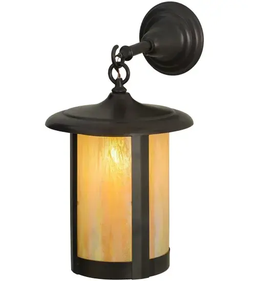 Custom crafted of Solid Brass, this handsome lantern is designed with Beige Iridescent art glass and cylindrical shaped hardware finished in Craftsman Brown. This Signature Craftsman fixture is listed for indoor and outdoor applications. Made in America. Collection: Fulton Finish: Craftsman Brown Glass: Beige Iridescent Glass Width: 10.50" Height: 16.50" Length: 13.50" Weight: 6.00 lb Extension from Wall: 13.50" Number of Bulbs: 1 Maximum Wattage: 60.00 W Bulb Type: A19 Bulb Base: E26 Country of Origin: USA Safety Listing: Wet Safety Rating: Wet