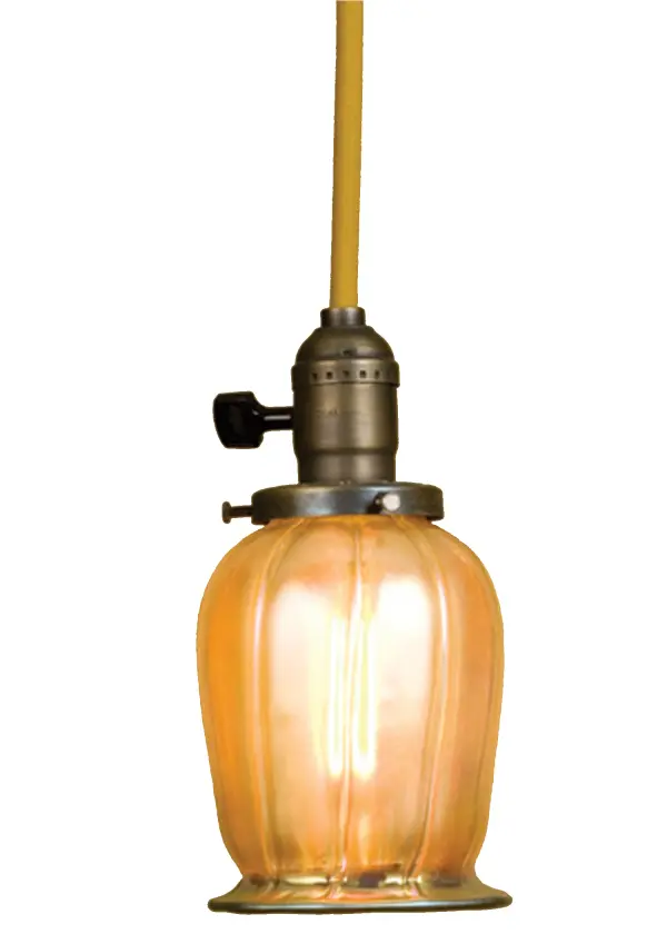 An era of style and elegance is restored with this early electric reproduction Chelsea mini pendant with a beautiful squash shaped iridescent Favrile glass shade. The handsome cloth covered wire paddle switch fixture is crafted from brass in the USA by Meyda artisans and hand finished in Antique Brass with a Gold cord cover. Collection: Revival Finish: Antique Brass Glass: Gold Wire Gold Iridescent Squash Width: 5.00" Height: 14.00" Length: 5.00" Weight: 6.50 lb Number of Bulbs: 1 Maximum Wattage: 60.00 W Bulb Type: A19 Bulb Base: E26 Material: Metal Country of Origin: USA Safety Listing: Dry Safety Rating: Dry