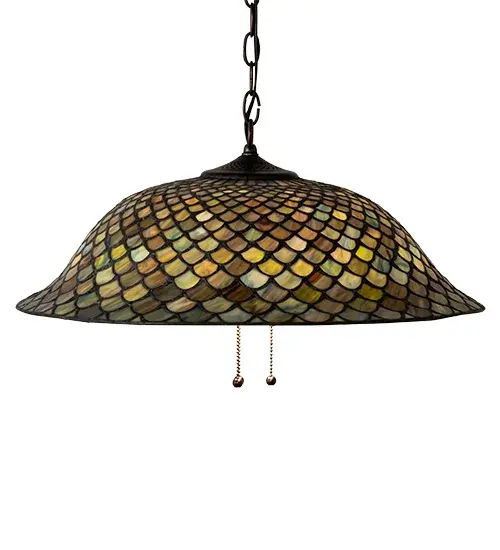 A Louis Comfort Tiffany studio classic. The famous Fishscale design features Honey dripped Emerald, Sapphire and Garnet stained glass colors. The shade evokes a unique dimensional and textured look in a rainbow of brilliant hues. This shade is created using the famous Meyda Tiffany copperfoil construction process and complemented with Mahogany Bronze hand finished hardware. The overall height ranges from 11 to 46 inches as the chain length can be easily adjusted in the field to accommodate your specific lighting application needs. UL and cUL listed for dry locations. No two sheets of stained glass will precisely match the beautiful work of art shown. We cannot depict every color variation but If you are looking for a specific coloration, call customer service for updated image of our most current stock items. Collection: Tiffany Fishscale Finish: Mahogany Bronze Glass: Stained Glass Width: 20.00" Height: 11.00" Length: 20.00" Weight: 8.50 lb Number of Bulbs: 3 Maximum Wattage: 60.00 W Bulb Type: A19 Bulb Base: E26 Material: Steel Country of Origin: CHINA Safety Rating: Damp - alternate view