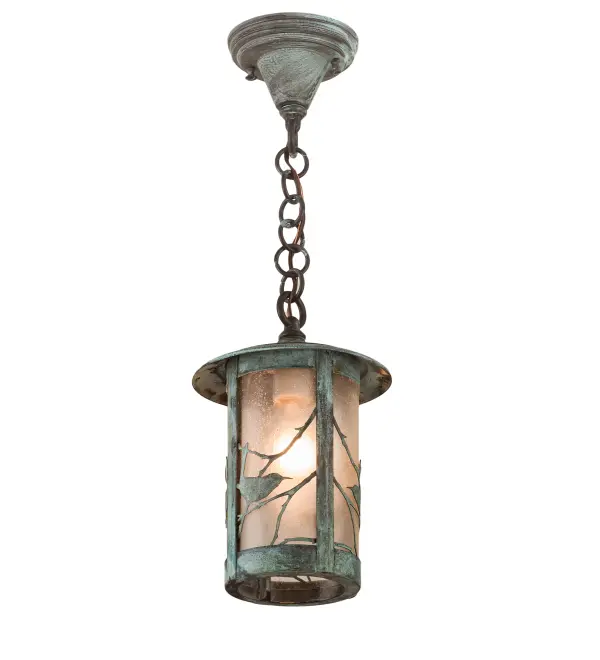 Branches with Song Bird silhouettes accent this handsome American Craftsman lantern style ceiling pendant. The fixture, handcrafted in the USA by Meyda artisans, is finished in Verdigris and has Clear Seedy glass panels. Collection: Fulton Finish: Verdigris Glass: Clear Seeded Glass Width: 8.00" Height: 18.00" Length: 8.00" Weight: 4.00 lb Number of Bulbs: 1 Maximum Wattage: 60.00 W Bulb Type: A19 Bulb Base: E26 Material: Brass Country of Origin: USA Safety Listing: Wet Safety Rating: Wet