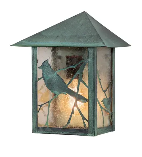 Branches with Song Bird silhouettes accent this handsome American Craftsman lantern style wall sconce. The fixture; handcrafted in the USA by Meyda artisans; is finished in Verdigris and has Clear Seedy glass panels. - alternate view