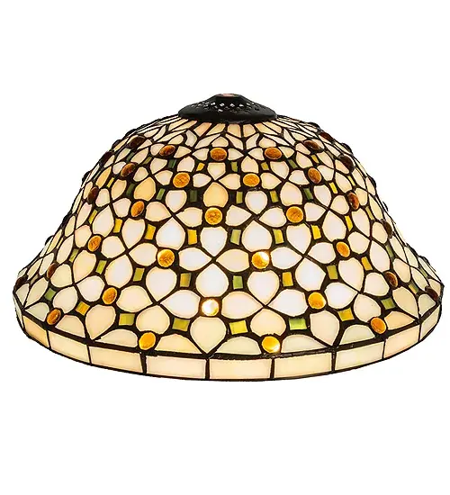 Diamond patterns of Iridized Ivory and Ivy Green are accented all over with sparkling clear jewels droplets in this elegant Victorian style shade. The versatile stained glass shade is created using the famous Meyda Tiffany copperfoil construction. Pairs beautifully with a base to create a stunning table or floor lamp. Match with hardware to build a gorgeous ceiling or wall fixture. The Diamond & Jewel Recurve Shade is featured in our American designed; handcrafted Stained Glass Lighting Collection. UL and cUL listed for dry locations. Each shade is a unique work of art with color variations based on natural ingredients inherent in the glass. Contact us if color matching is critical when ordering multiple items. - alternate view