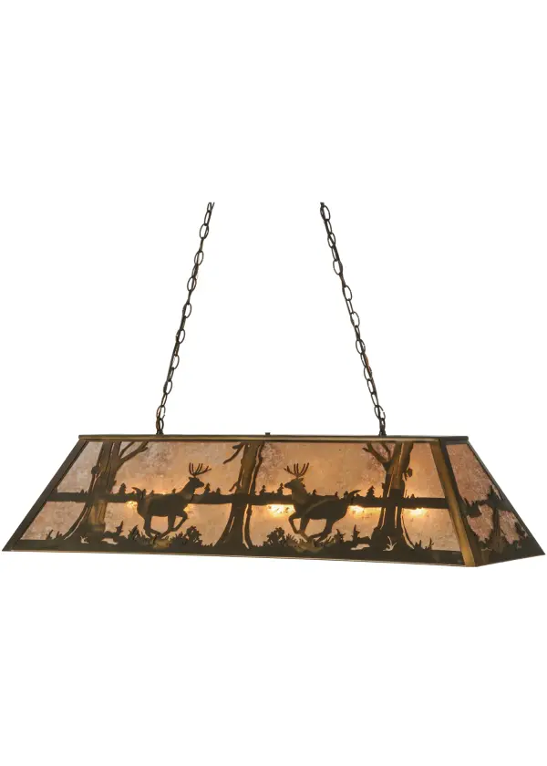 Rustic charm is captured beautifully with this striking design of a young buck leaping through the trees in the woods. Warm ambient lighting is created by a Silver Mica lens enhanced by decorative accents, frame and matching hardware in an Antique Copper finish. Handcrafted in the Meyda manufacturing facility, located at the foothills of the Adirondack Mountains. Additional wildlife and custom designs available, as well as energy efficient lamping options. Ideal for illuminating kitchen islands and tables, counters and billiard tables. Collection: Deer At Lake Finish: Antique Copper Glass: Silver Mica Width: 17.00" Height: 24.00" Length: 48.00" Weight: 24.00 lb Extension from Wall: 17.00" Number of Bulbs: 6 Maximum Wattage: 60.00 W Bulb Type: A19 Bulb Base: Medium Material: Steel Country of Origin: USA Safety Listing: Damp Safety Rating: Damp