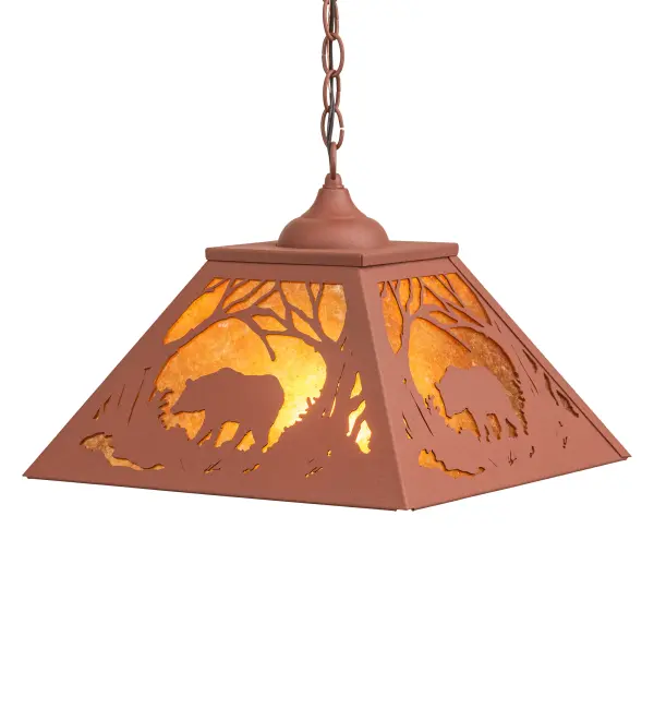 A Black Bear strolls through the woods on this nature inspired pendant. The rustic fixture is finished in Rust; has Amber mica panels; and is handcrafted in the USA by Meyda artisans.