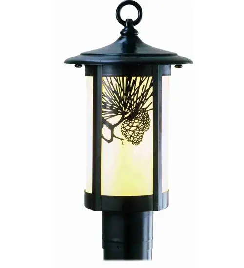 Pine Cone laden branches accent this handsome American Craftsman lantern style post mount. The fixture; handcrafted in the USA by Meyda artisans; is finished in Craftsman Brown and has Iridized Beige glass panels.