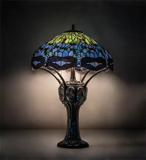 Tiffany Hanginghead Dragonfly Three Light Table Lamp in Mahogany Bronze