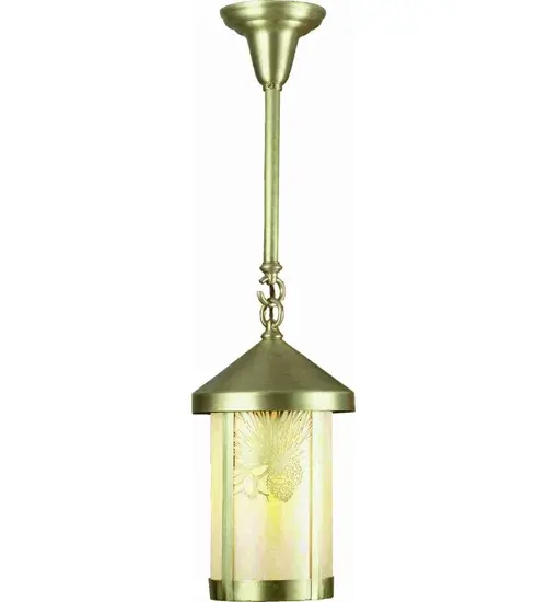 Handcrafted of Brass with exquisite beauty for both interior and outdoor lighting applications. This stunning cylindrical lantern features a Beige Iridescent Glass lens enhanced with a Natural Brass finish. Display this ceiling pendant to illuminate timber homes, inns, and other spaces. The Fulton Pinecone Pendant is featured in our American-made, American-designed, handcrafted Craftsman Signature Series and is manufactured in Yorkville, New York. UL and cUL listed for dry and damp locations. Our Build Your Own Craftsman Signature Series features unlimited combinations of styles. The collection is called Build Your Own because it is fully configurable and customizable from size and design to finish and lens color. Marine-grade, solid brass, or copper raw materials are utilized to ensure items from the Craftsman Signature Series of outdoor and indoor lighting will stand the test of time, as these premium metals are impervious to most types of oxidation. Hand-applied Patina finishes on brass and copper are sealed with a clear varnish and, over time, may require gentle maintenance, such as wax, to delay or reverse the natural living finish attributes indicative of this finishing process. Patina finishes on brass and copper provide strong resistance to fading from sun exposure, will not chip or crack, and will not rust like a steel-framed item in the same conditions. Mica is less durable in outdoor locations but may be appropriate for mildly exposed areas. Choose from many style options or send us your concept today! Call today to learn how to use the configuration tool available on our website to generate an item number instantly! Collection: Fulton Finish: Natural Brass Glass: Beige Iridescent Glass Width: 8.00" Height: 32.00" Length: 8.00" Weight: 10.00 lb Number of Bulbs: 1 Maximum Wattage: 60.00 W Bulb Type: A19 Bulb Base: E26 Material: Brass Country of Origin: USA Safety Rating: Damp